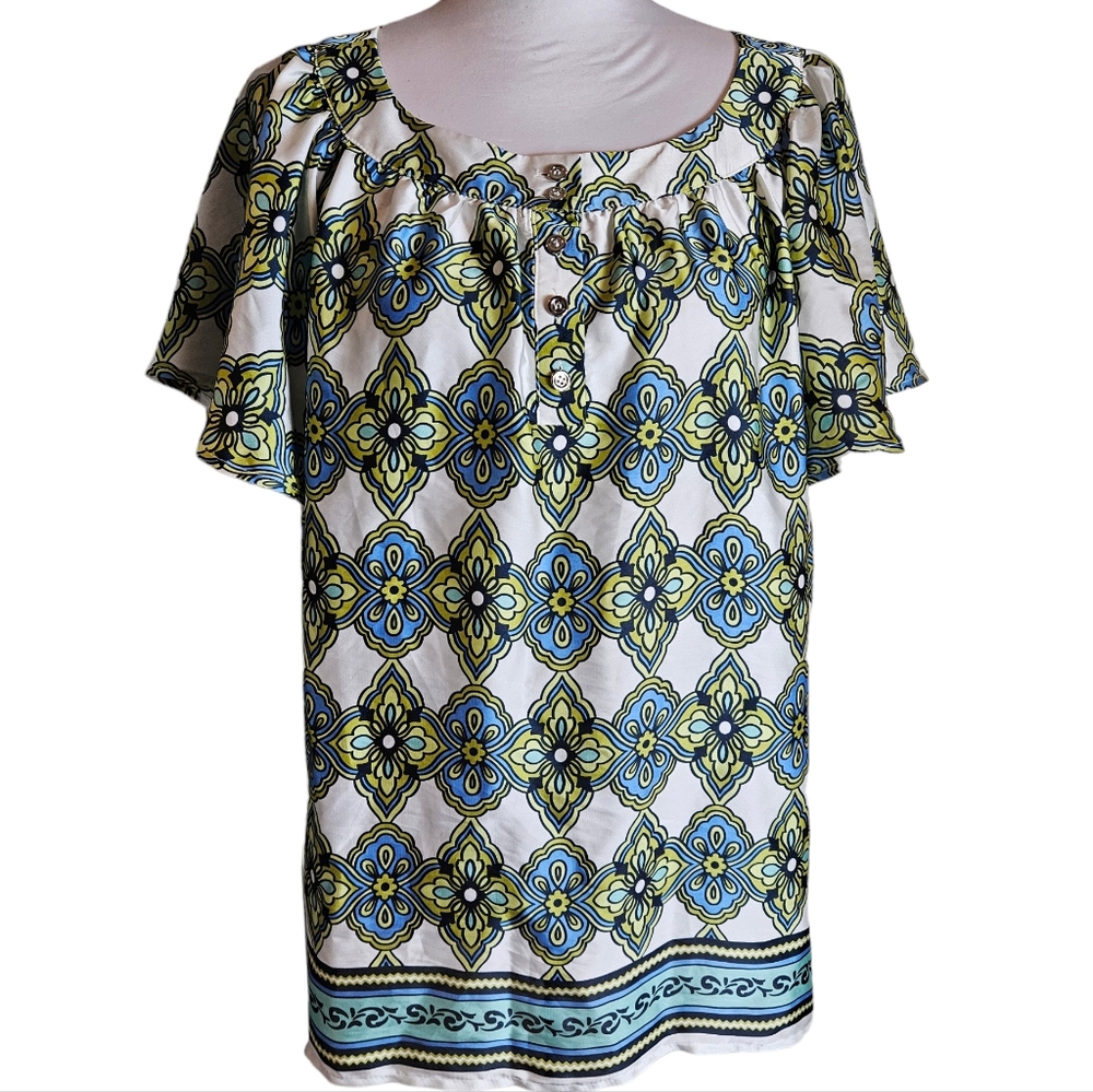 Jaclyn Smith Green Medallion Floral Print Blouse Size L Flowy Flutter Sleeve Top